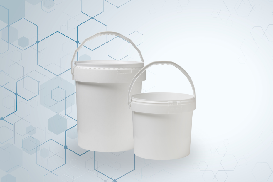 Two heavy duty UN approved plastic buckets on a graduated hexagon background