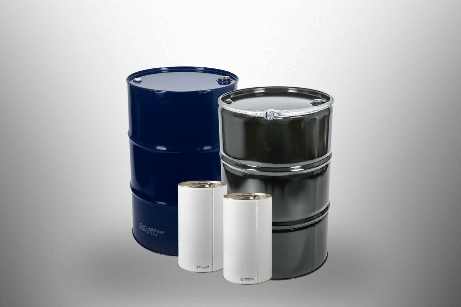 A blue steel drum, a black steel drum and two tinplate drums