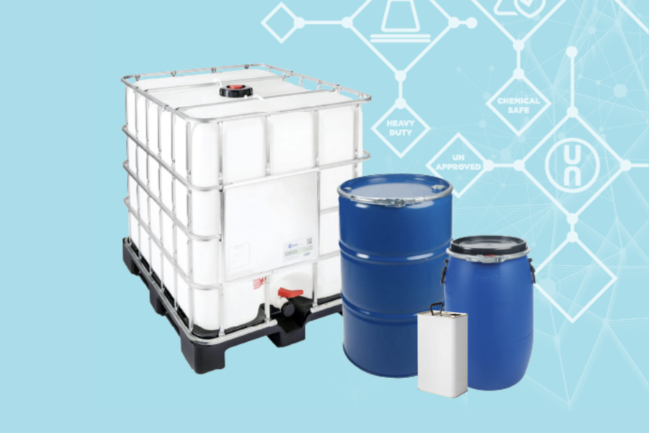 Industrial chemical containers including an IBC, Blue barrels and a rectangular tin