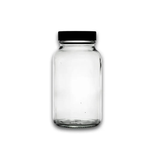 250ml Clear Glass Powder Bottle with Black Screw Cap Invopak