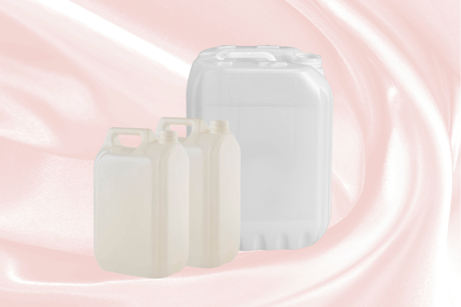 Three white plastic jerry cans on a pink and grey gradient background
