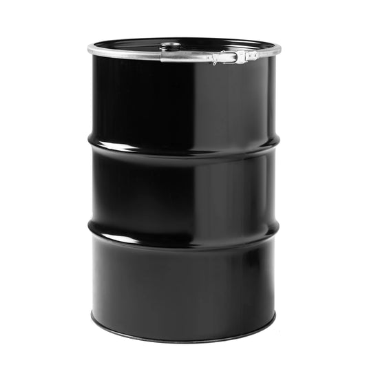 210 Litre keg steel open top black plain 2 ¾” bung for liquids with ILT clip Invopak