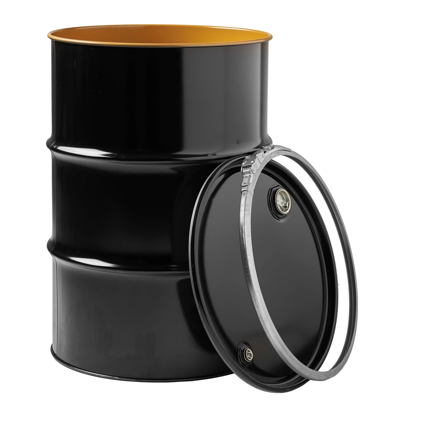 210 Litre keg steel open top black plain 2 ¾” bung for liquids with ILT clip Invopak