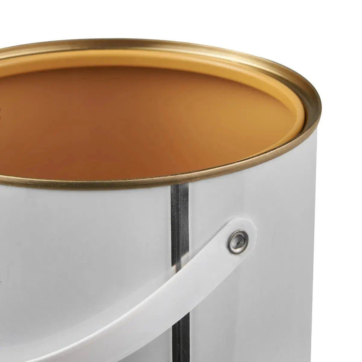 Close-up of a white paint can with a gold lid on a white background