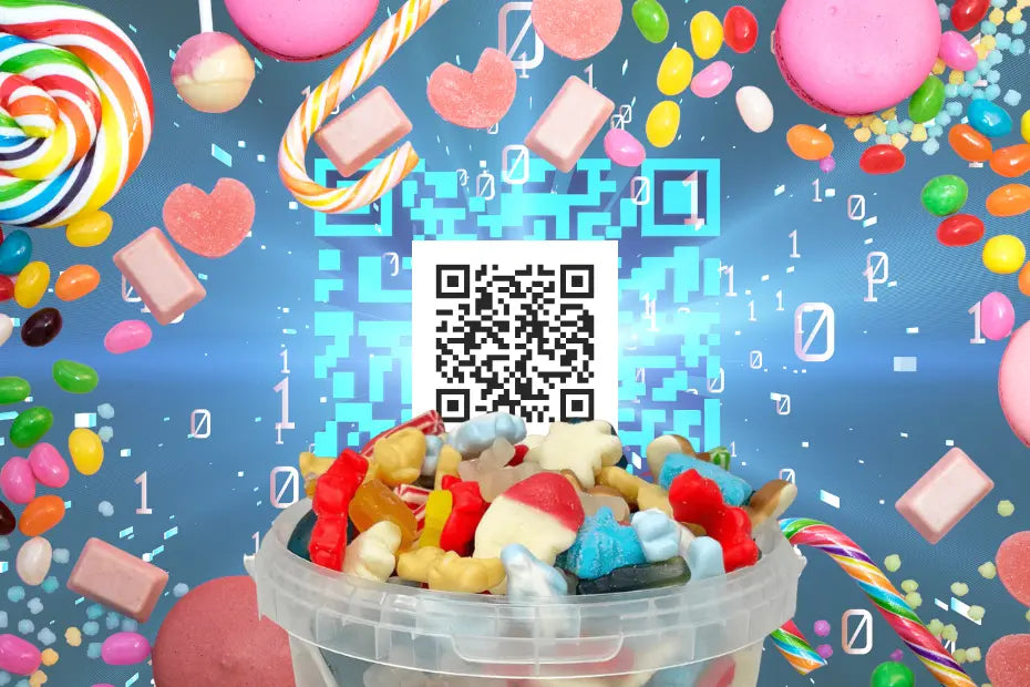 Colourful sweets on a blue background with a QR code