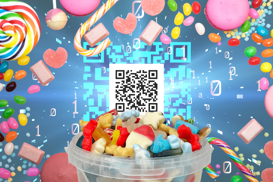 Colourful sweets on a blue background with a QR code