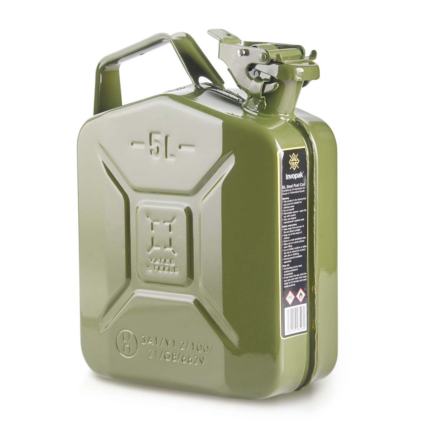 5 Litre Olive Green Metal Jerry Fuel Can with Fixed Bayonet Closure