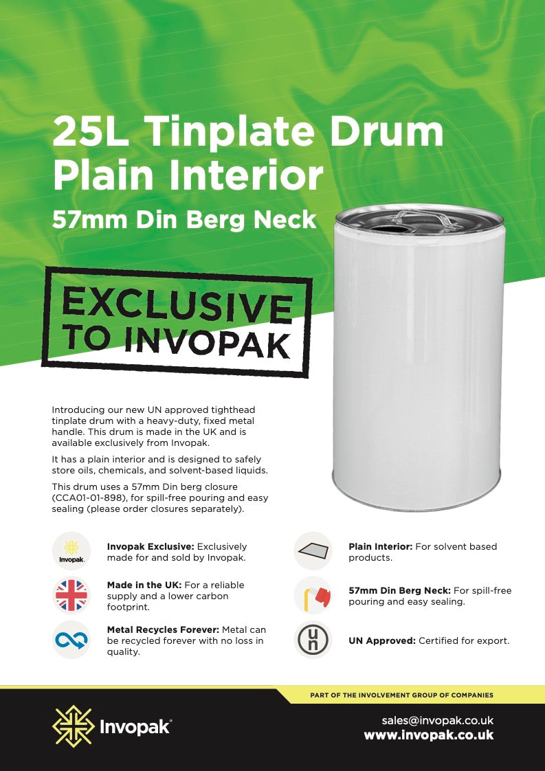 25 Litre White Tinplate UN Approved Tighthead Drum Plain 57mm Din Berg