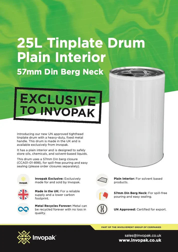 25 Litre White Tinplate UN Approved Tighthead Drum Plain 57mm Din Berg | Invopak
