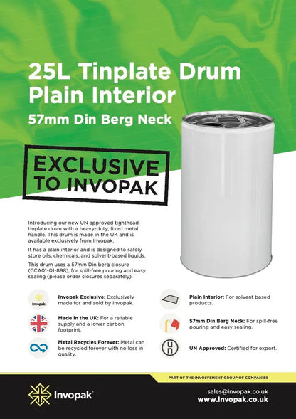 25 Litre White Tinplate UN Approved Tighthead Drum Plain 57mm Din Berg | Invopak