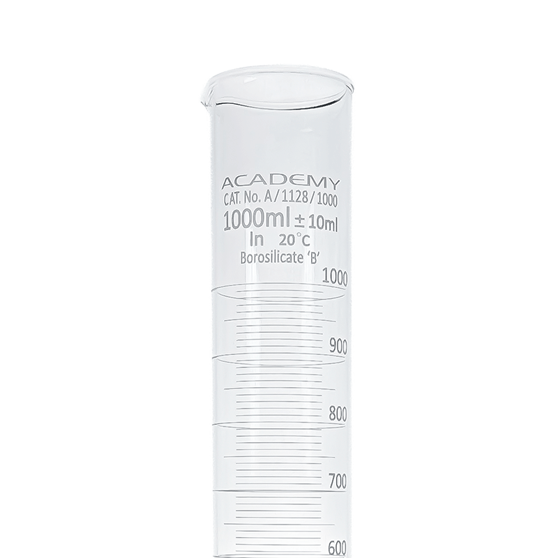 Academy measuring cylinder 1000ml hex base borosilicate glass