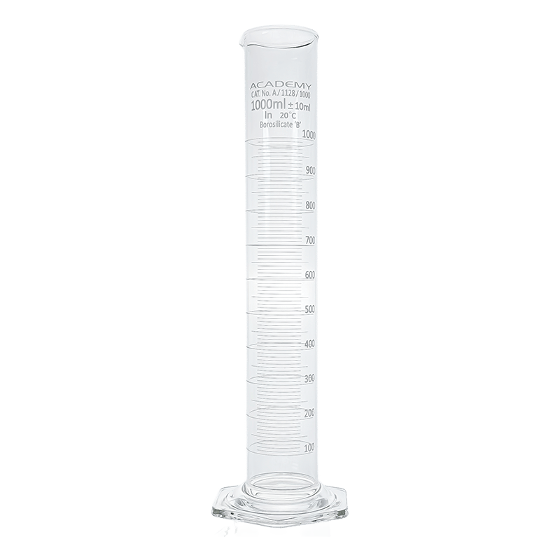 Academy measuring cylinder 1000ml hex base borosilicate glass