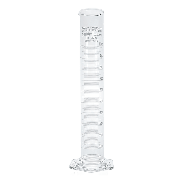 Academy measuring cylinder 1000ml hex base borosilicate glass