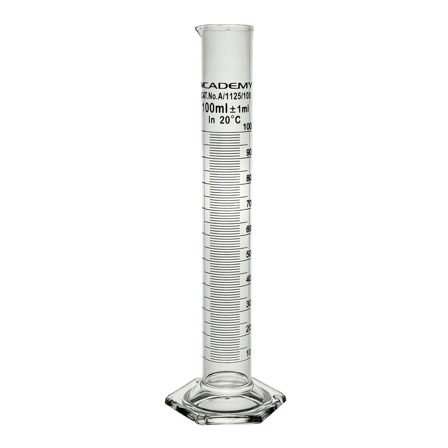 Academy measuring cylinder 100ml hex base borosilicate glass