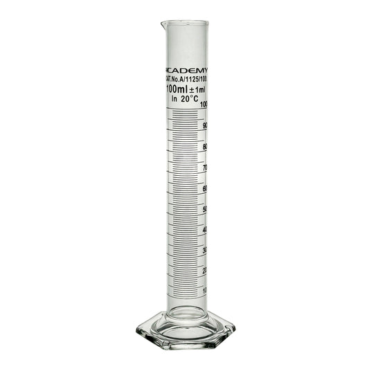 Academy measuring cylinder 100ml hex base borosilicate glass
