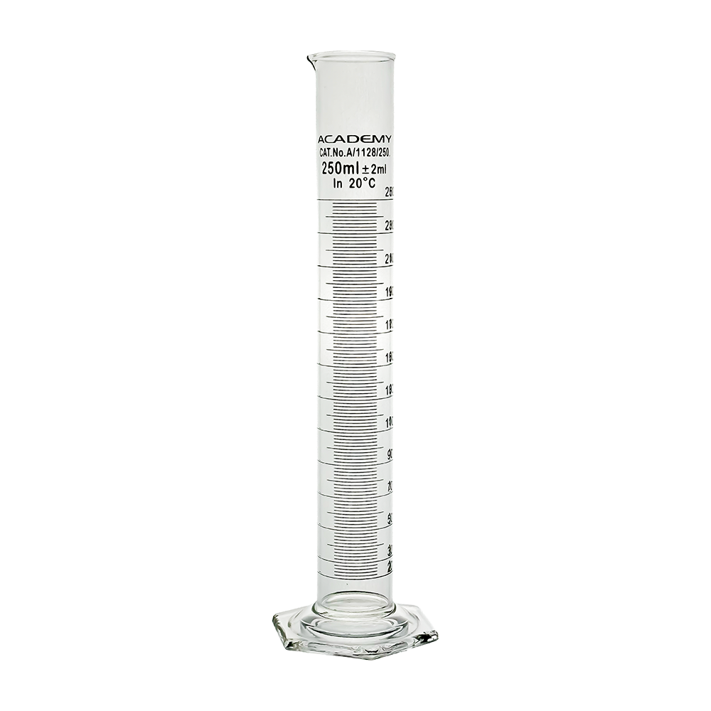 Academy measuring cylinder 250ml hex base borosilicate glass