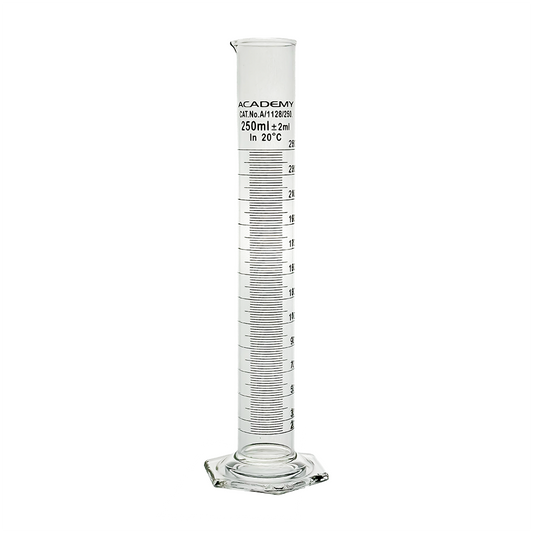 Academy measuring cylinder 250ml hex base borosilicate glass