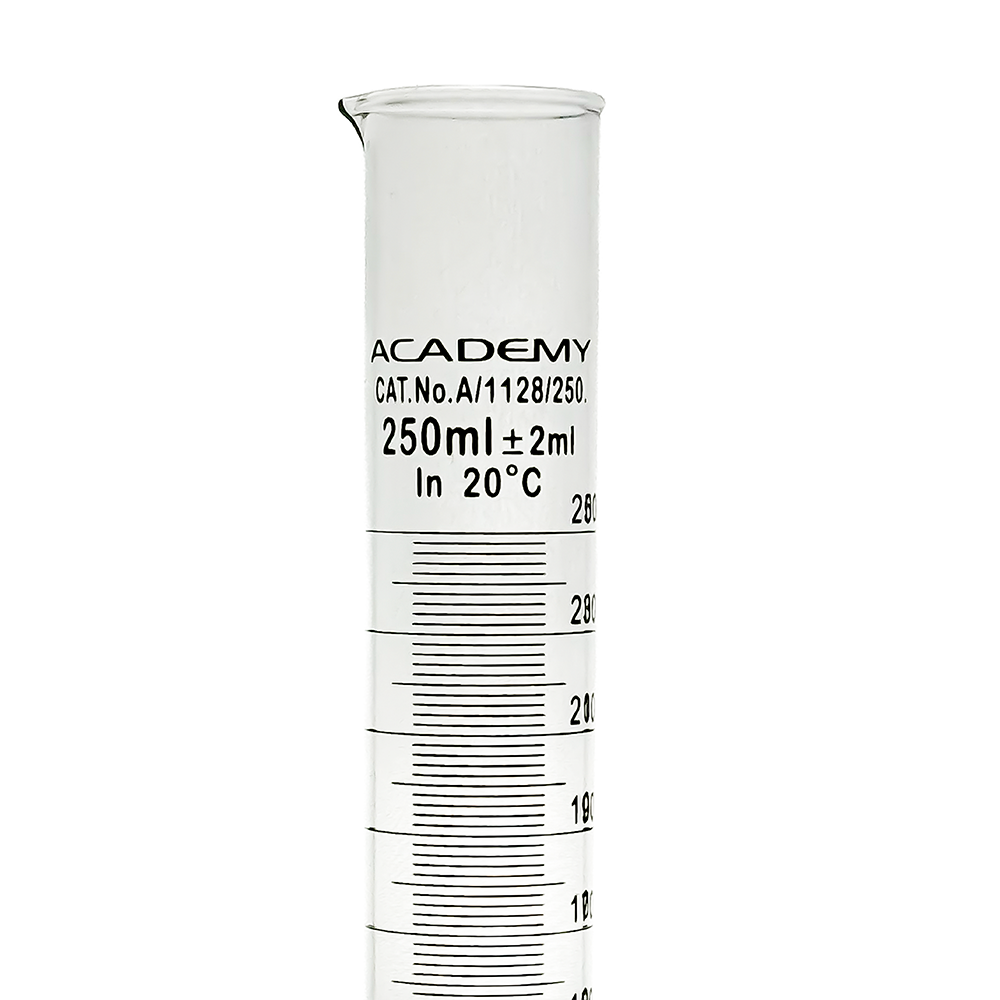 Academy measuring cylinder 250ml hex base borosilicate glass