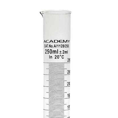 Academy measuring cylinder 250ml hex base borosilicate glass