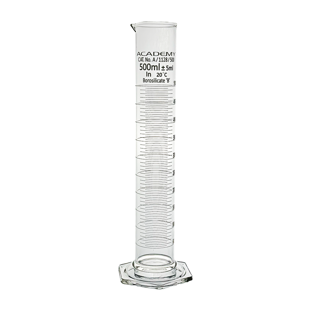 Academy measuring cylinder 500ml hex base borosilicate glass