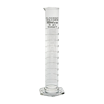 Academy measuring cylinder 500ml hex base borosilicate glass