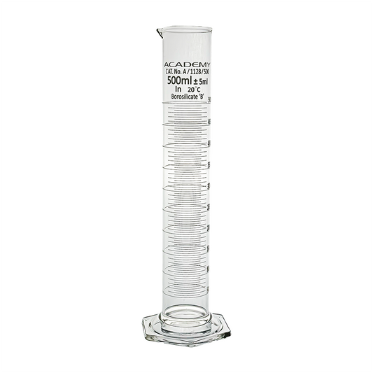 Academy measuring cylinder 500ml hex base borosilicate glass