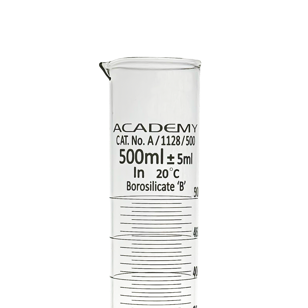 Academy measuring cylinder 500ml hex base borosilicate glass