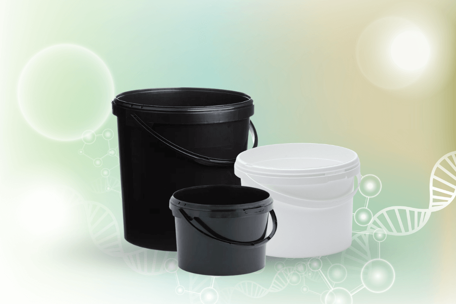 Three buckets, two black and one white, on a gradient background with decorative elements.