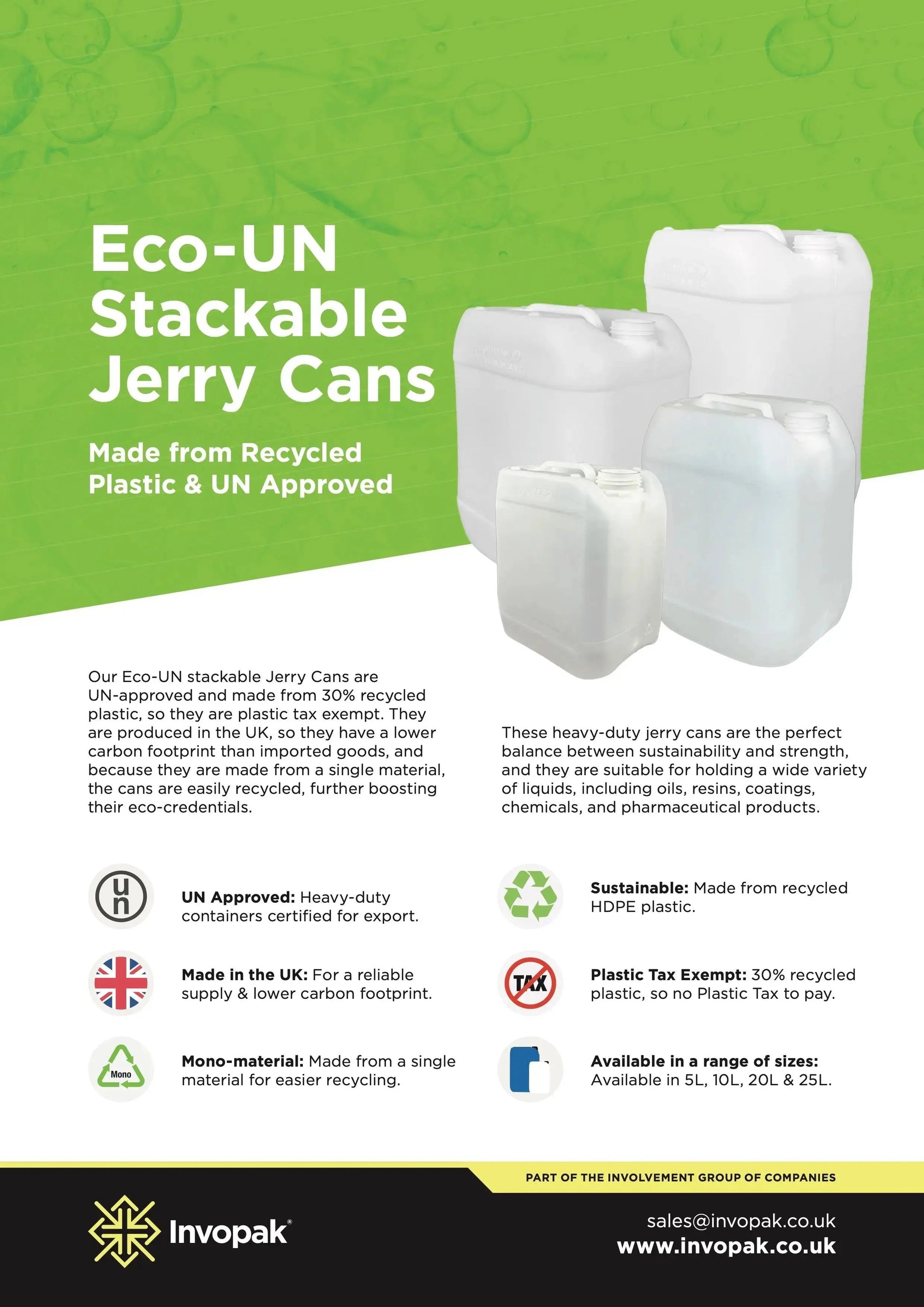 25 Litre Recycled Plastic UN Approved Natural Stackable Jerry Can with 61mm Neck | Invopak
