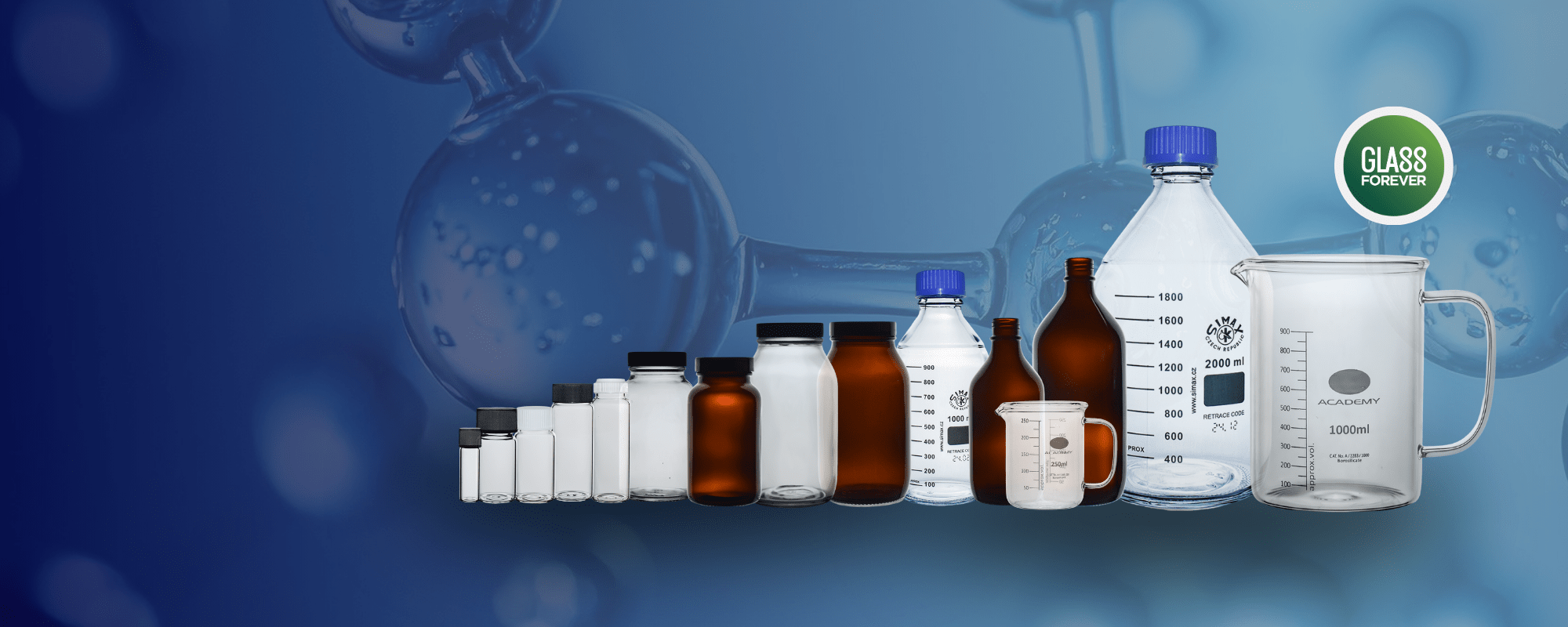 Collection of laboratory glassware on a blue background with 'Glassware Pro' branding.