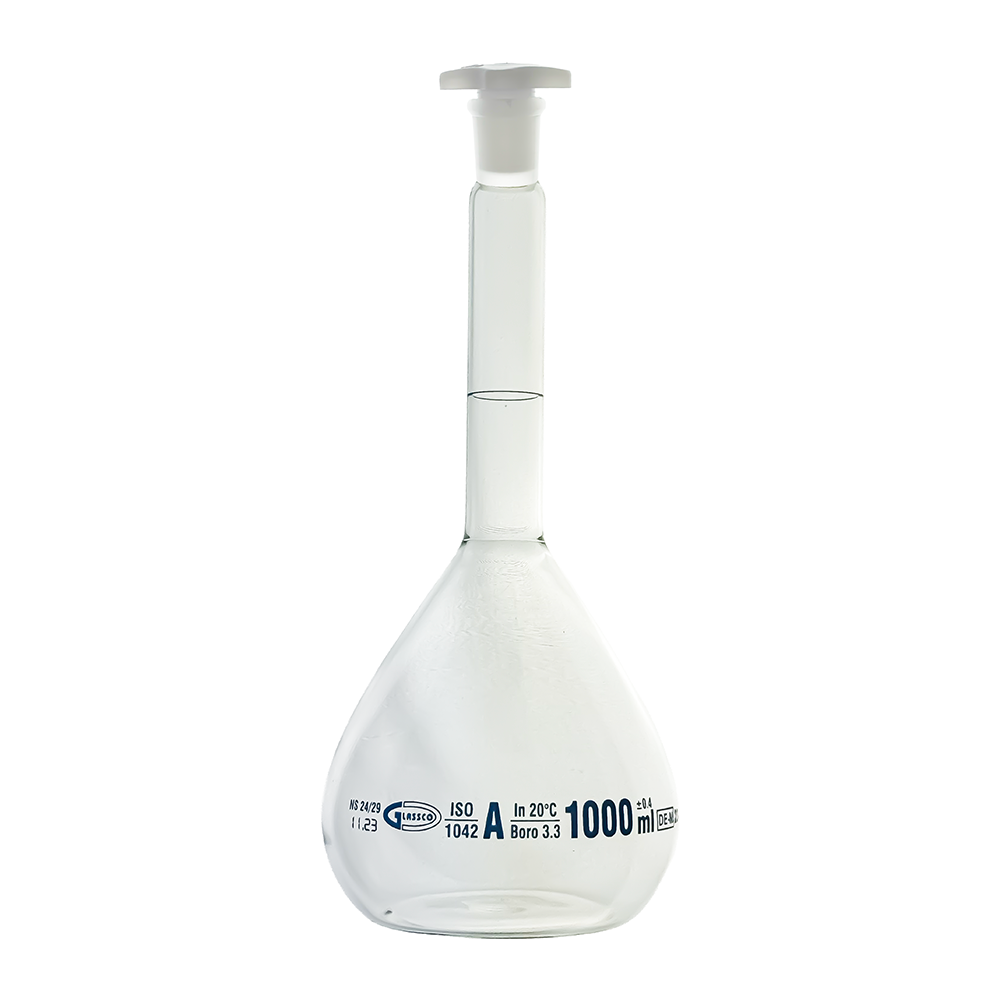 Glassco Volumetric Flask Class A Batch certificate 1000ml Borosilicate Glass and PE stopper