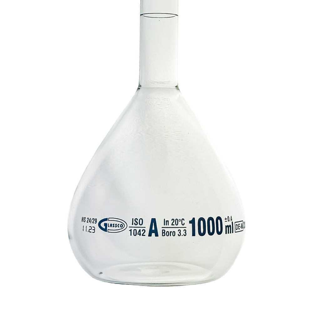 Glassco Volumetric Flask Class A Batch certificate 1000ml Borosilicate Glass and PE stopper