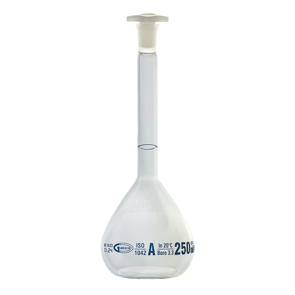 Glassco Volumetric Flask Class A Batch certificate 250ml Borosilicate Glass PE stopper