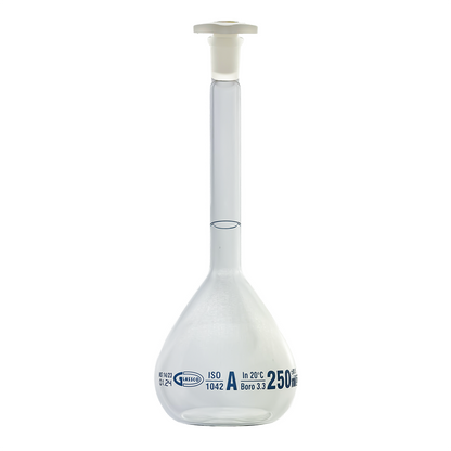 Glassco Volumetric Flask Class A Batch certificate 250ml Borosilicate Glass PE stopper