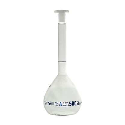 Glassco Volumetric Flask Class A Batch certificate 500ml Borosilicate Glass and PE stopper