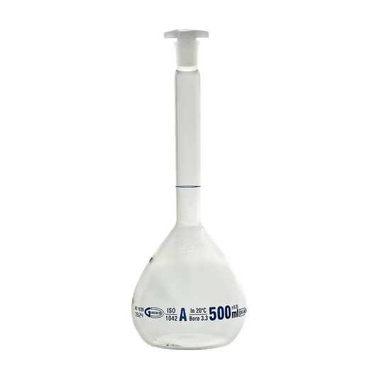 Glassco Volumetric Flask Class A Batch certificate 500ml Borosilicate Glass and PE stopper