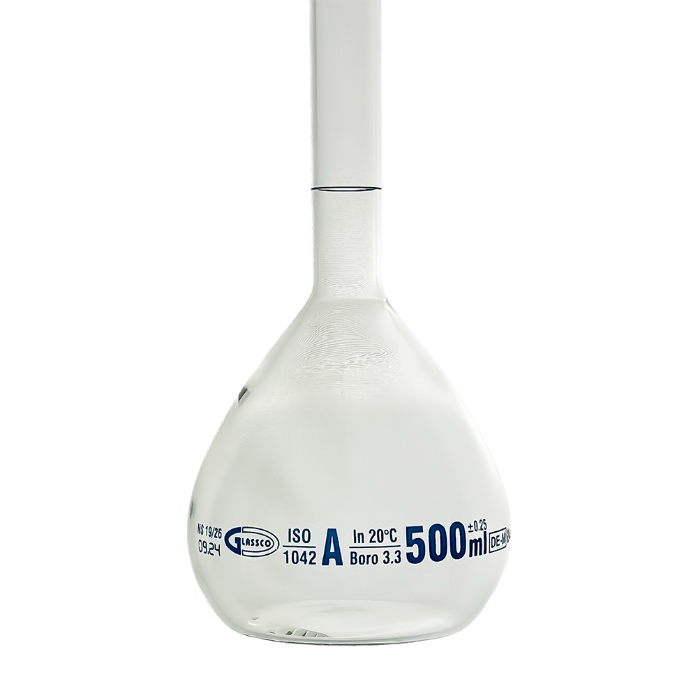Glassco Volumetric Flask Class A Batch certificate 500ml Borosilicate Glass and PE stopper