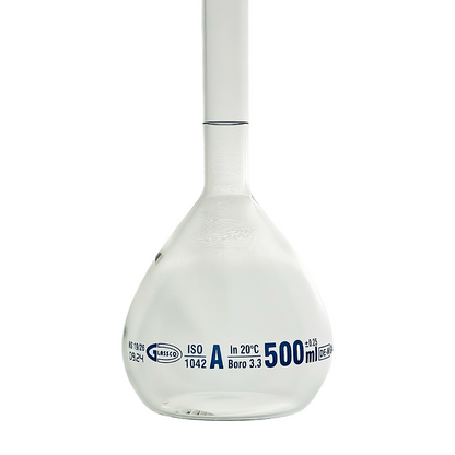 Glassco Volumetric Flask Class A Batch certificate 500ml Borosilicate Glass and PE stopper