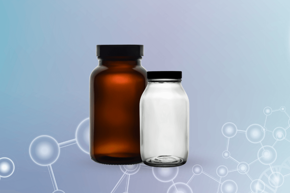 Two glass jars, one brown and one clear, on a light blue background with molecular structure graphics.