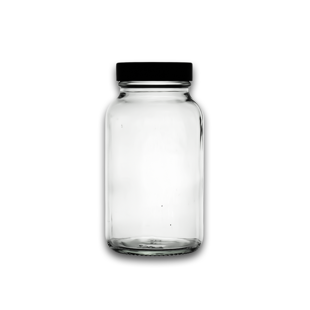 250ml Clear Glass Powder Bottle with Black Screw Cap