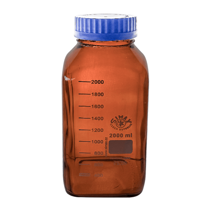 Simax Square 2000ml Borosilicate Amber Glass Reagent Bottle with Blue Screw Cap