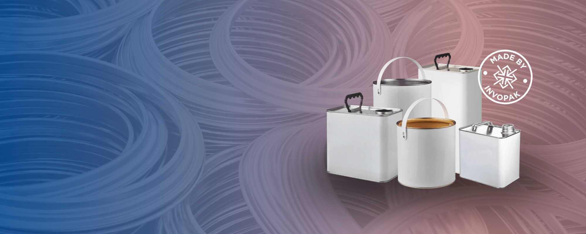 Set of white tins with handles on a gradient background, featuring a 'Made by Invopak' logo.