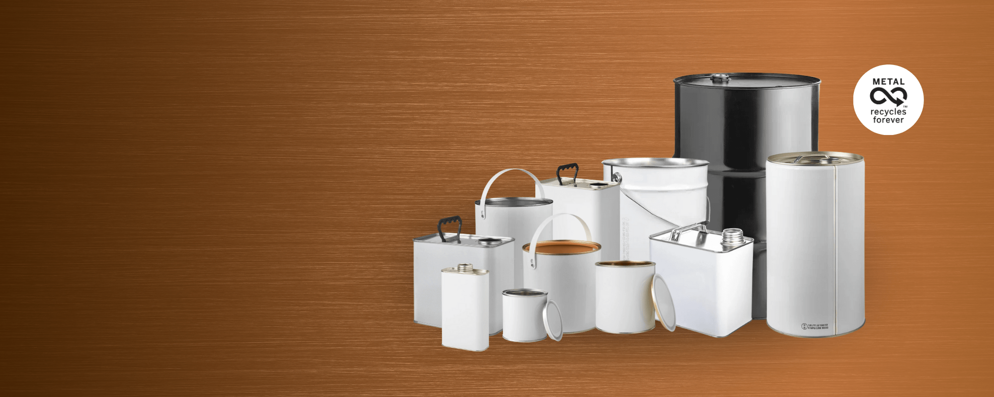 Collection of metal storage tanks on a brown background with a visible brand logo.