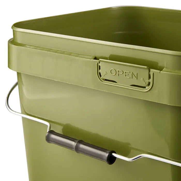 10 Litre Plastic Olive Green Tamper Evident Square Bucket with Metal Handle and Lid