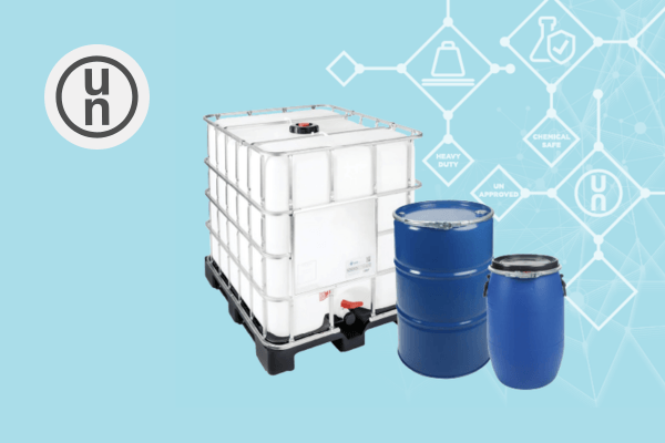White IBC tank and blue drums on a light blue background with chemical symbols.