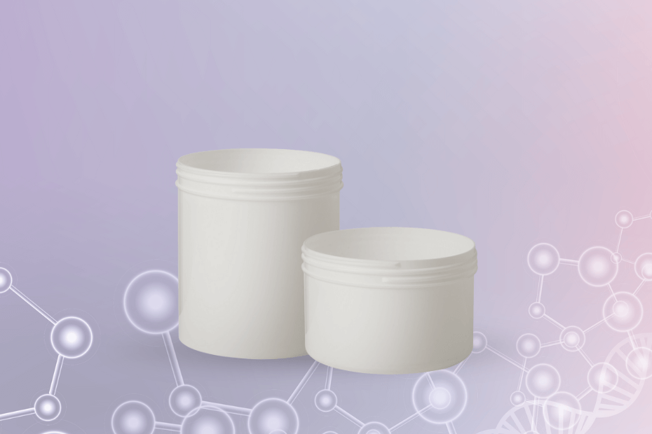 Two screw top plastic jars on a molecular gradient background