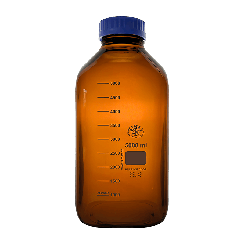 Simax Square 5000ml Borosilicate Amber Glass Reagent Bottle with Blue Screw Cap
