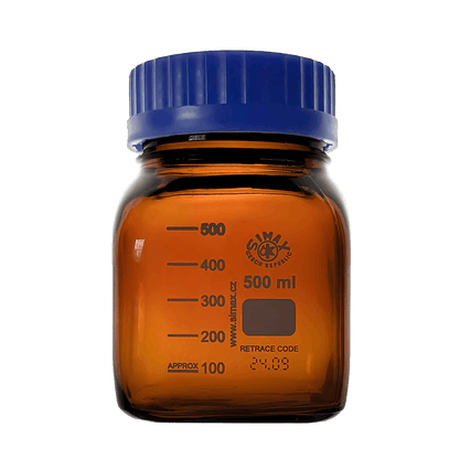 Simax Square 500ml Borosilicate Amber Glass Reagent Bottle with Blue Screw Cap