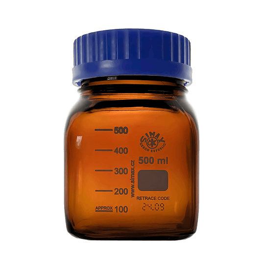Simax Square 500ml Borosilicate Amber Glass Reagent Bottle with Blue Screw Cap