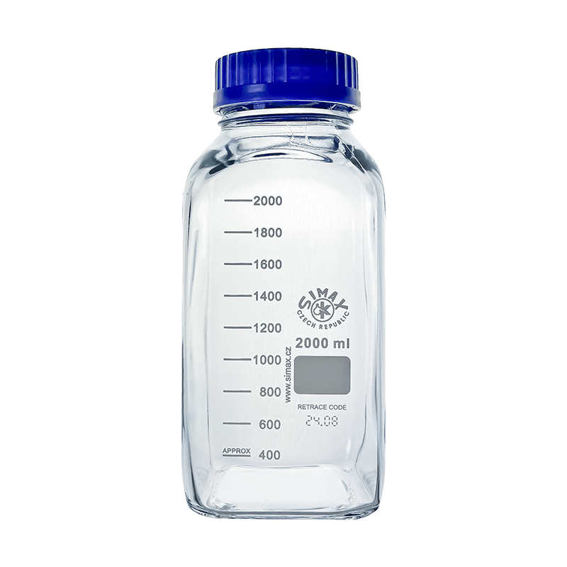 Simax Square 2000ml Borosilicate Clear Glass Reagent Bottle with Blue Screw Cap